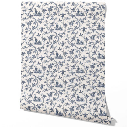'Meadowlark' Floral Toile de Jouy Wallpaper (Navy Blue/ Off-White)
