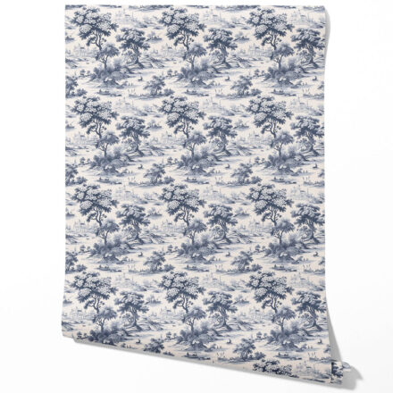 'Bowood Sisal' Floral Toile de Jouy Nature Print Wallpaper (Navy Blue)