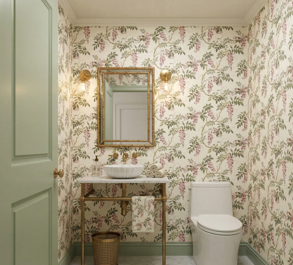 Floral wallpaper in powder room