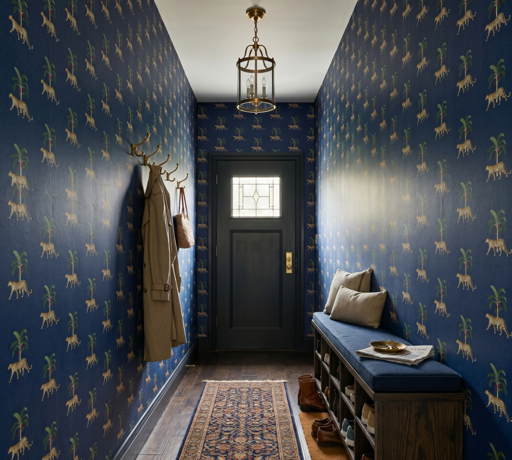 Navy blue wallpaper for entryway