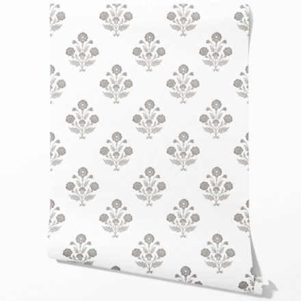'Ratan Palm' Neutral Floral Block Print Wallpaper (Stormy Gray/ Taupe/ White)