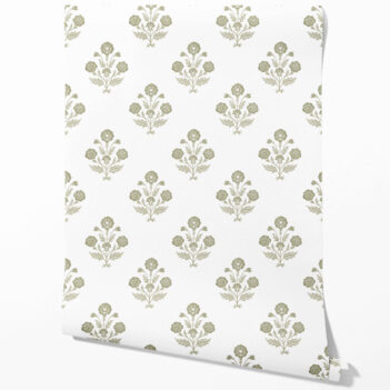 'Sanganeri' Floral Block Print Wallpaper (Olive Green/ White)