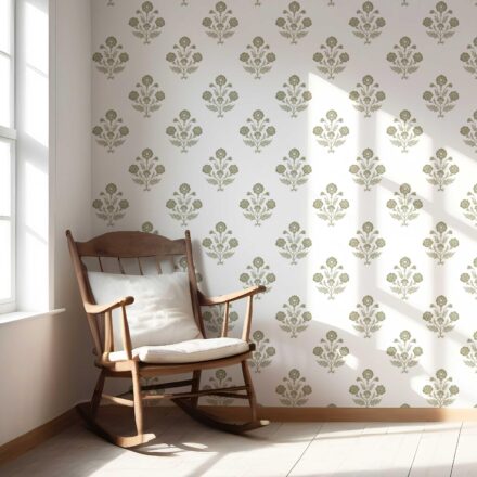 'Sanganeri' Floral Block Print Wallpaper (Olive Green/ White) - Image 5