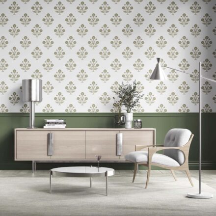 'Sanganeri' Floral Block Print Wallpaper (Olive Green/ White) - Image 2