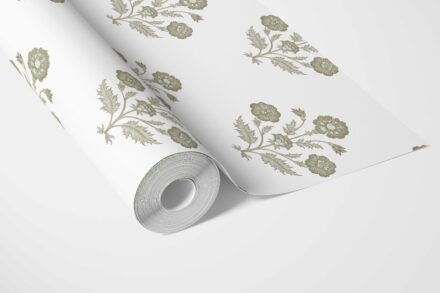 'Sanganeri' Floral Block Print Wallpaper (Olive Green/ White) - Image 3