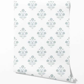 'Aubrey' Floral Block Print Wallpaper (Duck Egg Blue/ White)