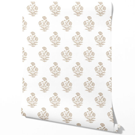 'Vale of Eden' Neutral Floral Block Print Wallpaper (Beige/ Taupe/ White)