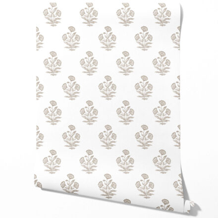 'Dry Azalea' Neutral Floral Block Print Wallpaper (Greige/ Warm Gray/ White)