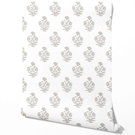'Buran' Neutral Floral Block Print Wallpaper (Gray/ White)