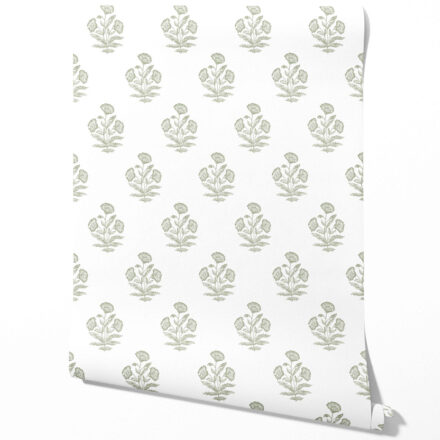 'Gladiolus' Floral Block Print Wallpaper (Green/ White)