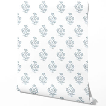 'Bernon' Floral Block Print Wallpaper (Sage Blue/ White)