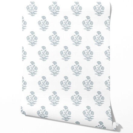 'Bernon' Floral Block Print Wallpaper (Sage Blue/ White)
