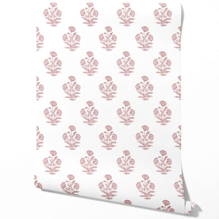 'Tuberose' Floral Block Print Wallpaper (Soft Pink/ White)
