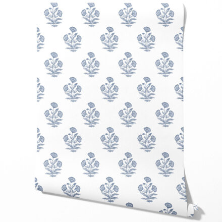 'Jademir' Floral Block Print Wallpaper (Slate Blue/ White)
