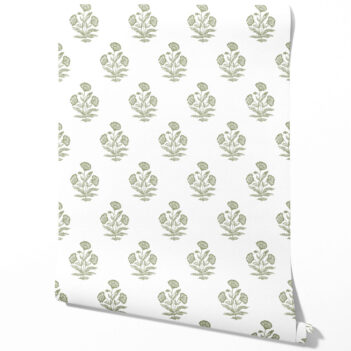 'Evening Grass' Floral Block Print Wallpaper (Olive Green/ White)
