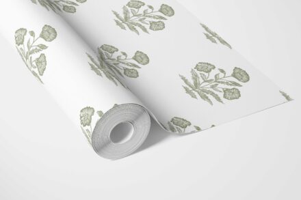 'Evening Grass' Floral Block Print Wallpaper (Olive Green/ White) - Image 3