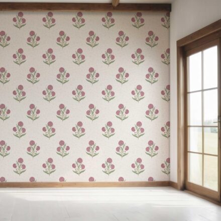 'Rosehip Touch' Floral Block Print Wallpaper (Pink/ Green/ Soft Taupe) - Image 7