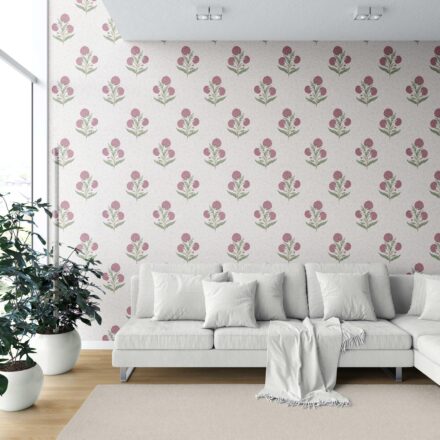 'Rosehip Touch' Floral Block Print Wallpaper (Pink/ Green/ Soft Taupe) - Image 6