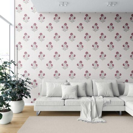 'Jotun' Floral Block Print Wallpaper (Deep Pink/ Green/ Soft Taupe) - Image 6