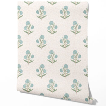 'Larkspur' Floral Block Print Wallpaper (Duck Egg Blue/ Green/ Soft Taupe)
