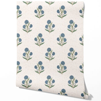 'Daydream' Floral Block Print Wallpaper (Blue/ Green/ Soft Taupe)