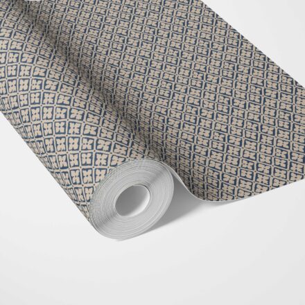 'Bencoolen' Small Floral Lattice/ Geometric Micro-Print Wallpaper (Navy Blue/ Beige) - Image 2