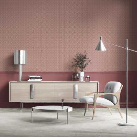 'Rose Moss' Small Floral Lattice/ Geometric Micro-Print Wallpaper (Deep Red/ Maroon/ Beige) - Image 4