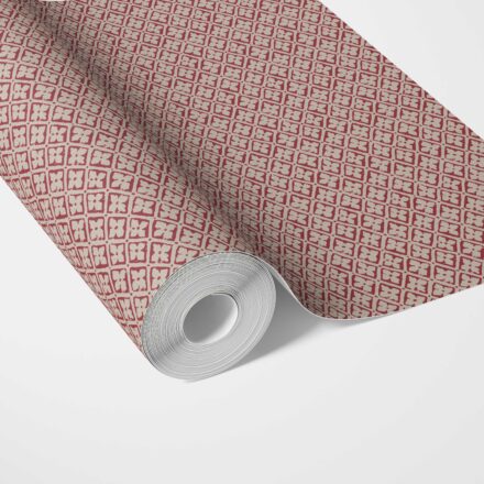 'Rose Moss' Small Floral Lattice/ Geometric Micro-Print Wallpaper (Deep Red/ Maroon/ Beige) - Image 2