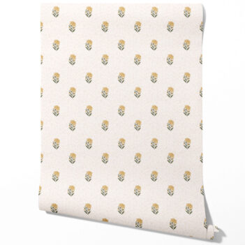 'Chiara' Botanical/ Floral Block Print Wallpaper (Yellow/ Green/ Soft Taupe)