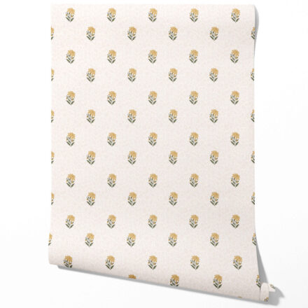 'Chiara' Botanical/ Floral Block Print Wallpaper (Yellow/ Green/ Soft Taupe)