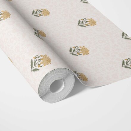 'Chiara' Botanical/ Floral Block Print Wallpaper (Yellow/ Green/ Soft Taupe) - Image 2