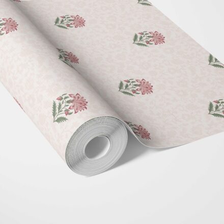 'Zahrat' Botanical/ Floral Block Print Wallpaper (Pink/ Green/ Soft Taupe) - Image 2