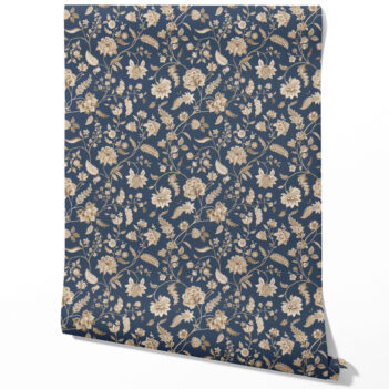 'Bear River' Floral/ Botanical Patterned Wallpaper (Navy Blue/ Beige)