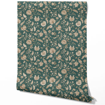 'Wavelike' Floral/ Botanical Patterned Wallpaper (Emerald Green/ Beige)