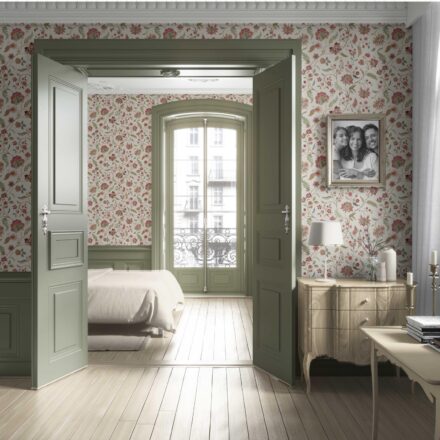 'Zanbaq' Floral/ Botanical Patterned Wallpaper (Red/ Green/ Soft Taupe) - Image 4
