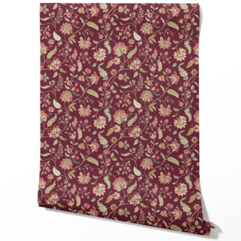 'Big Splash' Floral/ Botanical Patterned Wallpaper (Deep Maroon/ Burgundy/ Pink/ Green)