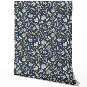 'Alicia' Floral/ Botanical Patterned Wallpaper (Midnight Blue/ Pale Blue/ Green)