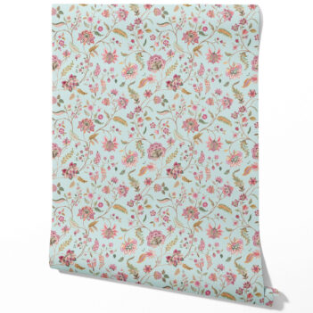 'Badami' Floral Botanical Patterned Wallpaper (Blue/ Pink/ Green)