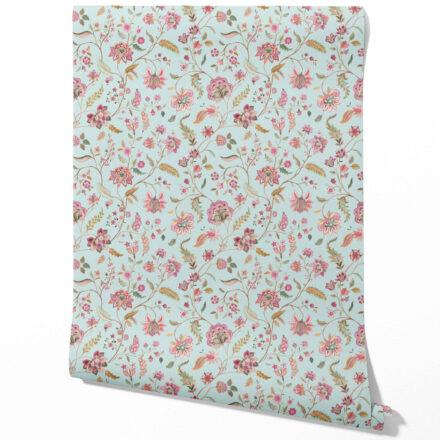 'Badami' Floral Botanical Patterned Wallpaper (Blue/ Pink/ Green)