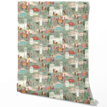 'Mewar' Ethnic/ Heritage/ Horses & Castles Print Wallpaper (Green/ Blue/ Red/ Pink/ Yellow)