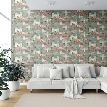 'Mewar' Ethnic/ Heritage/ Horses & Castles Print Wallpaper (Green/ Blue/ Red/ Pink/ Yellow) - Image 6