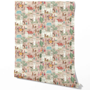 'Gulbiya' Ethnic/ Heritage/ Horses & Castles Print Wallpaper (Pink/ Green/ Red/ Blue)