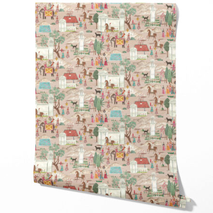 'Gulbiya' Ethnic/ Heritage/ Horses & Castles Print Wallpaper (Pink/ Green/ Red/ Blue)