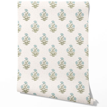 'Skyrim' Floral Block Print Wallpaper (Duck Egg Blue/ Green)