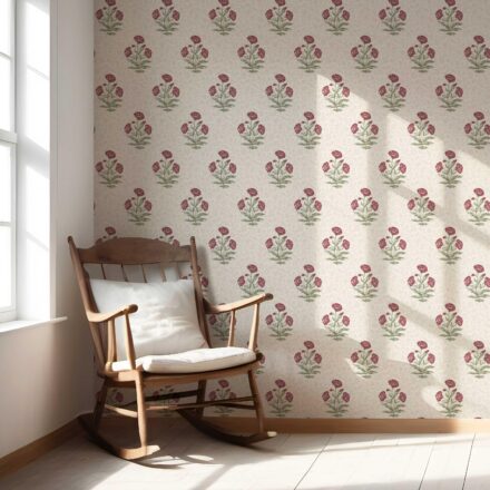 'Cinderella' Floral Block Print Wallpaper (Berry Red/ Maroon/ Green) - Image 5