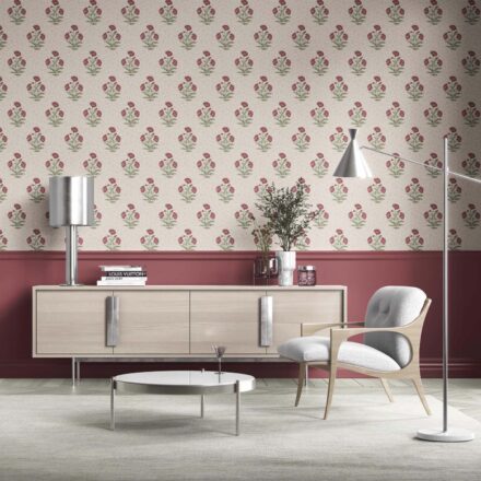 'Cinderella' Floral Block Print Wallpaper (Berry Red/ Maroon/ Green) - Image 2