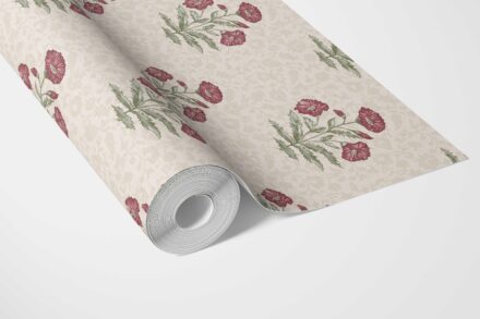 'Cinderella' Floral Block Print Wallpaper (Berry Red/ Maroon/ Green) - Image 3