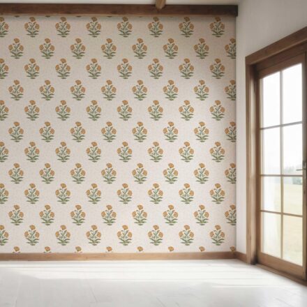 'Verdant Lawn' Floral Block Print Wallpaper (Ochre Yellow/ Green) - Image 7