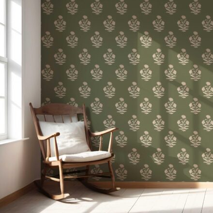 'Wispa' Floral Block Print Wallpaper (Olive Green/ Beige) - Image 5