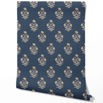 'Shikara' Floral Block Print Wallpaper (Navy Blue/ Beige)